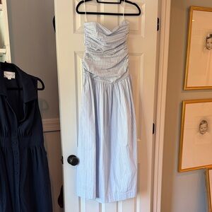 Tuckernuck Light Blue & White Pinstripe Strapless Ruched Dress
